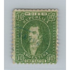 ARGENTINA 1864 GJ 21b ESTAMPILLA RIVADAVIA DE 10 CTs IMPRESION NITIDA VARIEDAD PAPEL DELGADO DE PERFECTA CONDICION, RARO SELLO U$ 95